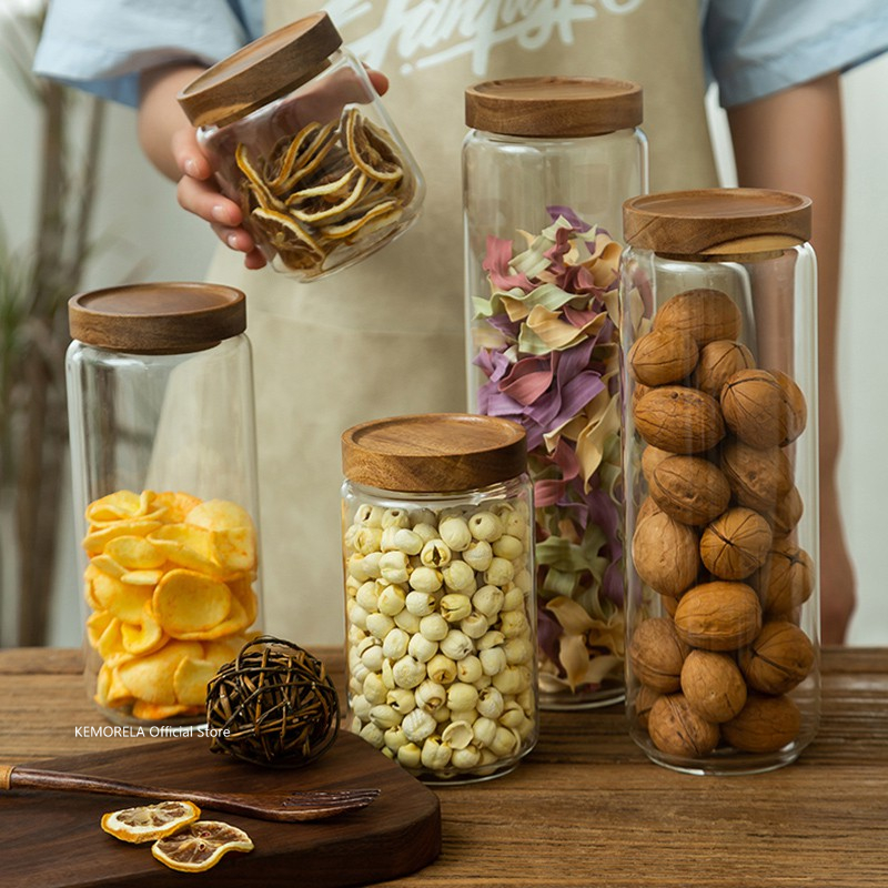 Food Storage Jar Glass - Tampa de madeira vidro hermético vasilha